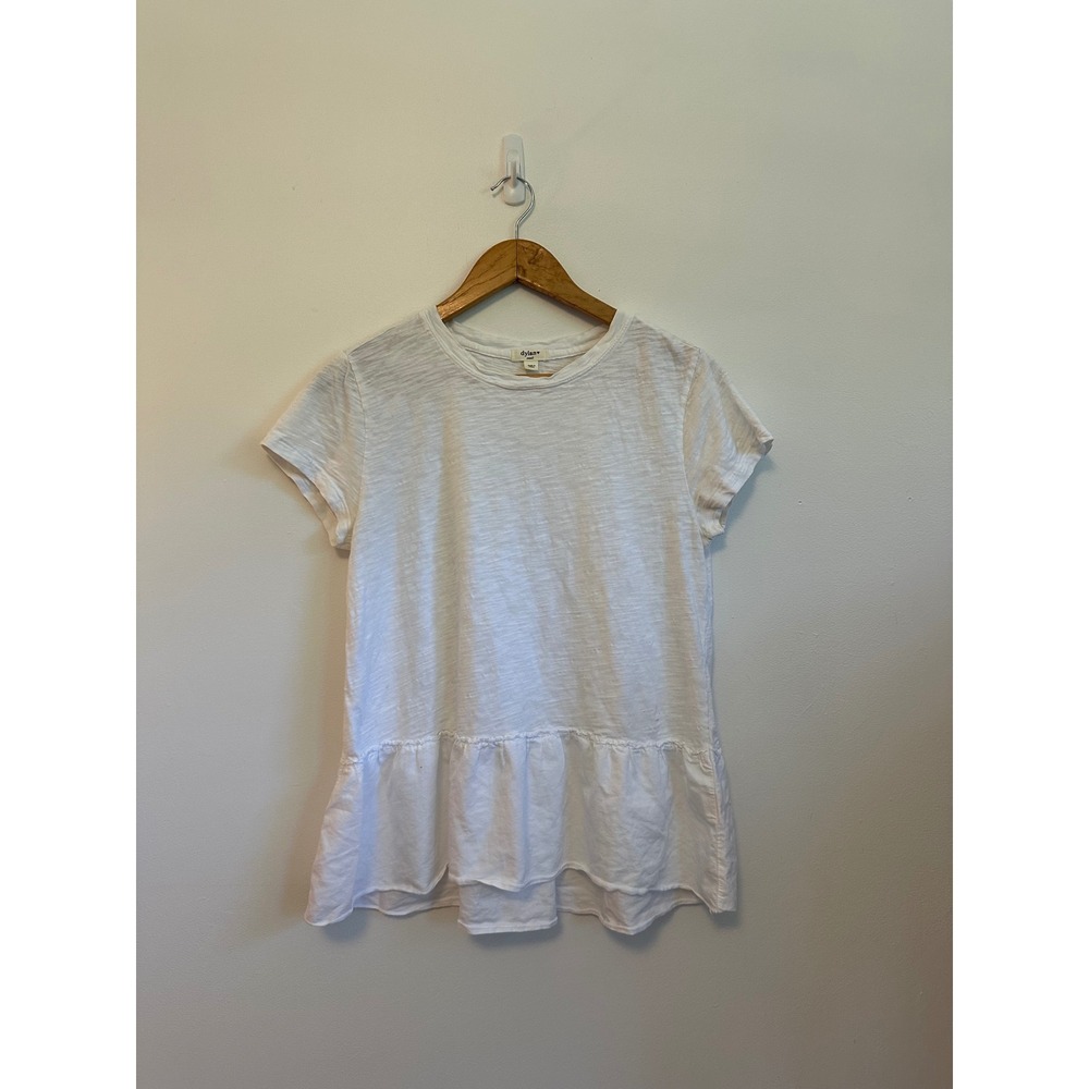Dylan White Slub Cotton Peplum Short Sleeve Crewneck T-Shirt | Size Small
